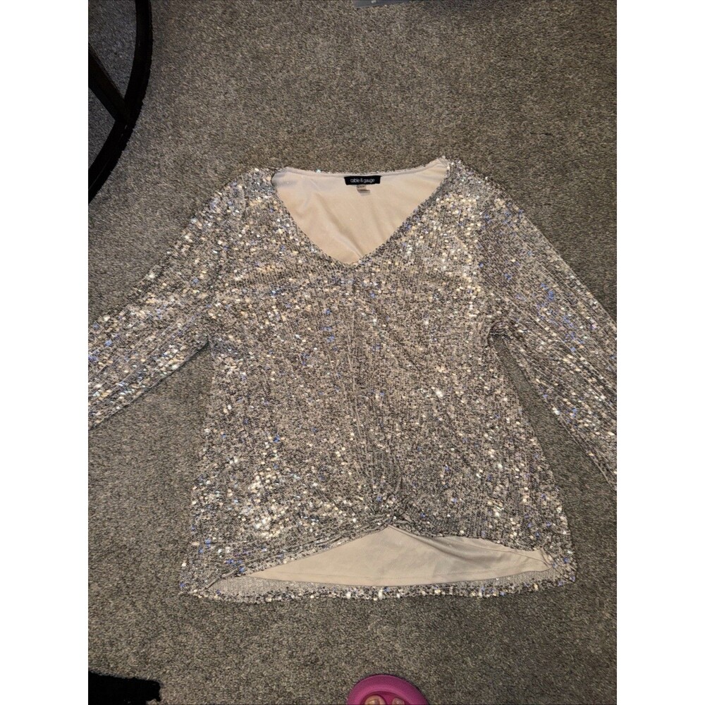 Party Dance Gold Silver Sequin Balloon Sleeve Blouse Twist Front XL Cable & Gaug - Picture 4 of 12